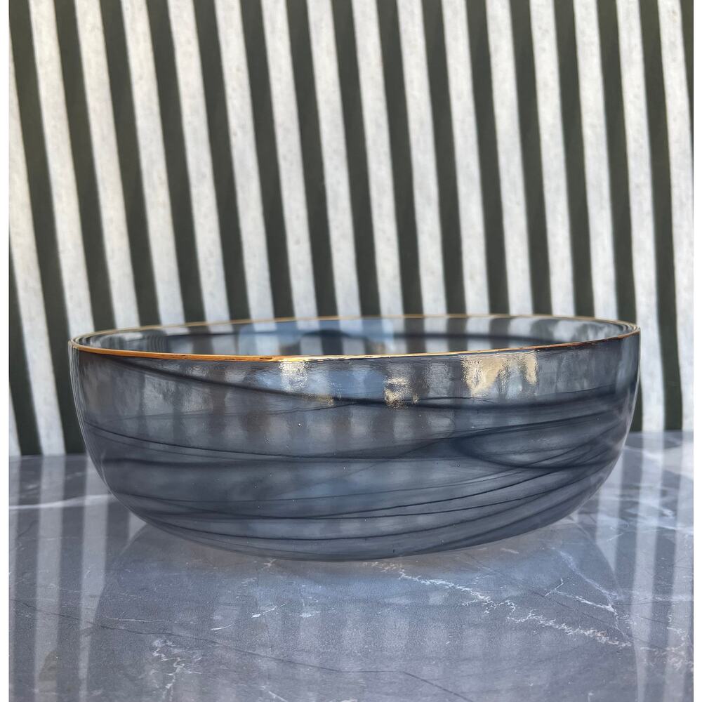 AKCAM Black Swirl Glass Bowl Gold Rim